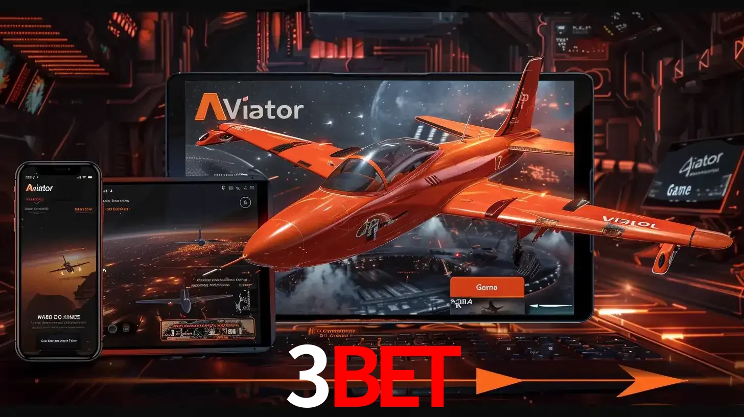 Apresentação tecnológica do jogo Aviator com um avião saindo da tela de um tablet, demonstrando a experiência imersiva em múltiplos dispositivos no 3BET.