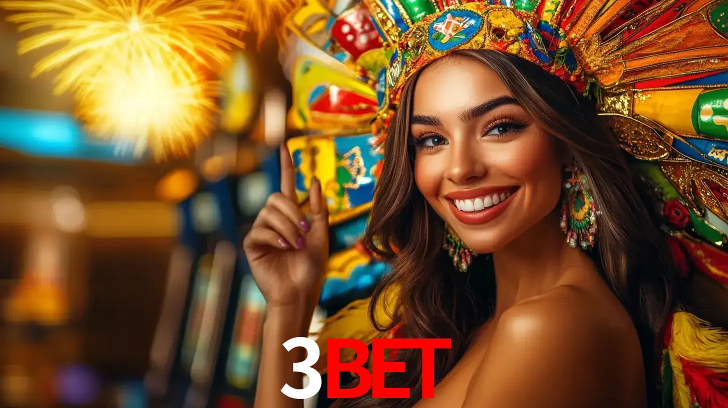 Mulher sorridente com um cocar de carnaval vibrante e colorido, celebrando uma grande vitória nos jogos do cassino 3BET com fogos de artifício ao fundo.