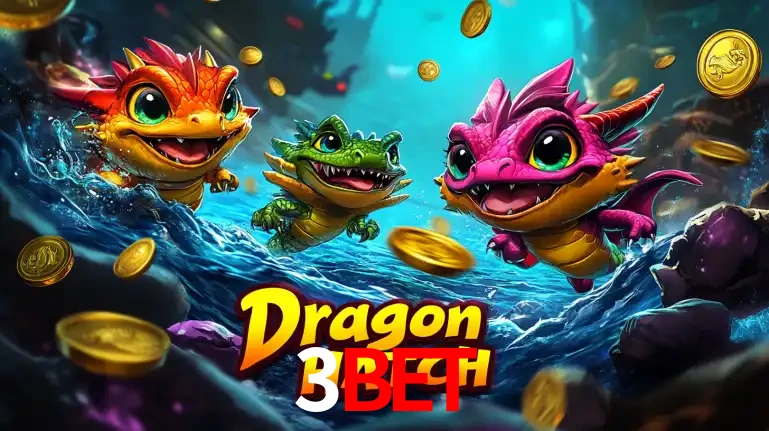 Arte promocional do jogo Dragon Hatch com três adoráveis dragões bebês nadando entre moedas de ouro, um dos slots mais divertidos para jogar no cassino 3BET.