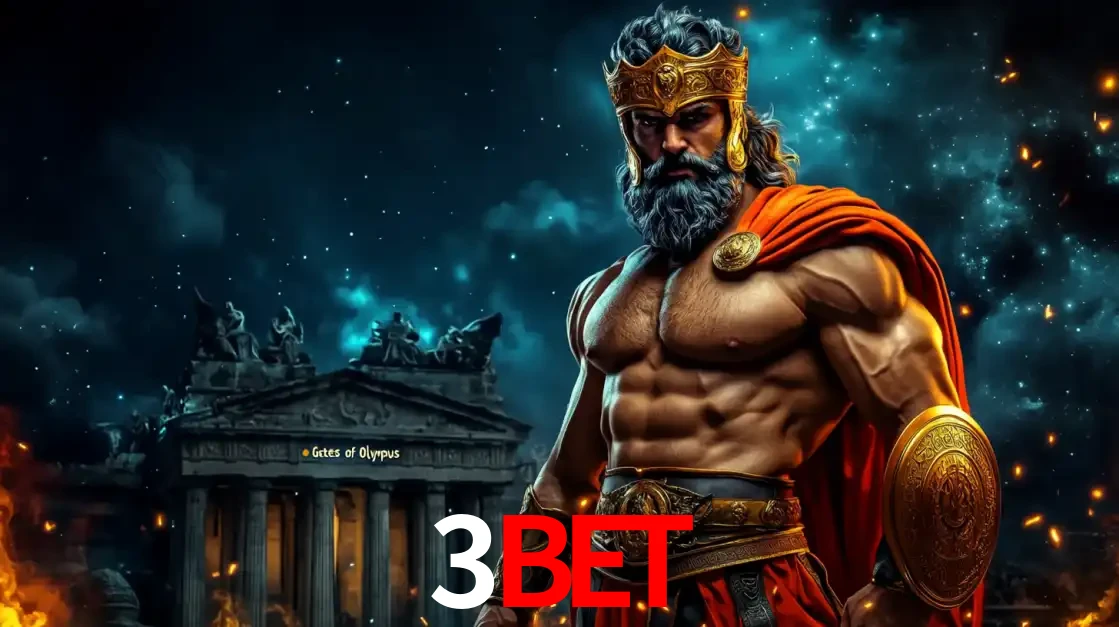 O poderoso Zeus do jogo de slot Gates of Olympus em frente ao seu templo, pronto para lançar multiplicadores divinos e prêmios épicos no cassino online 3BET.