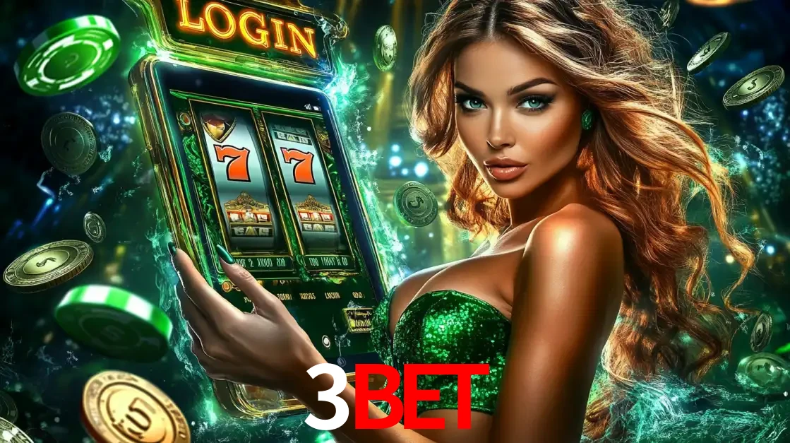 Mulher com tema verde apresentando o aplicativo do cassino 3BET com um jogo de slot de 777, cercada por fichas de cassino e uma aura de sorte.