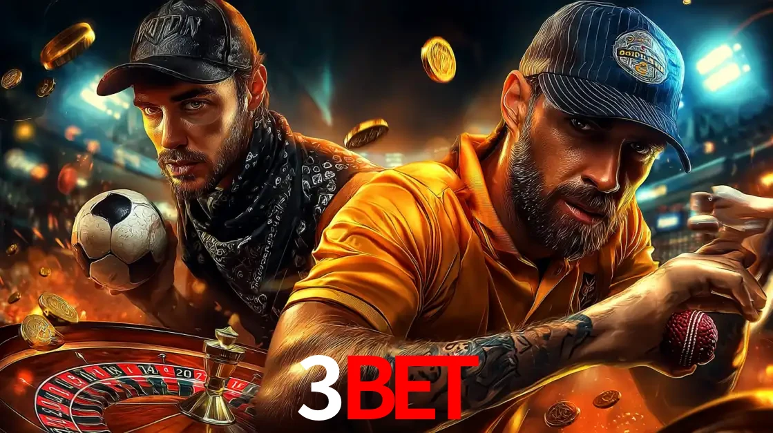 Montagem de apostas esportivas e cassino no 3BET, com um homem segurando uma bola de futebol e outro uma de beisebol sobre uma roleta e moedas voadoras.
