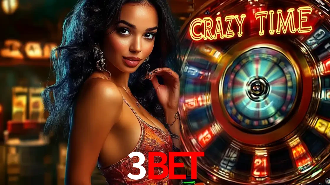 Mulher elegante ao lado da vibrante roda da fortuna do jogo de cassino ao vivo Crazy Time, um dos game shows mais populares e cheios de prêmios do 3BET.