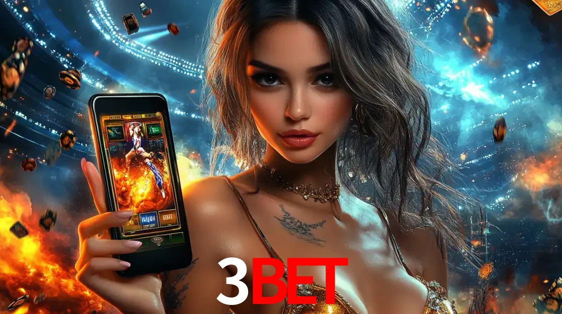 Mulher segurando um celular com um jogo de slot em destaque, tendo como fundo um estádio vibrante, simbolizando a emoção de jogar no cassino móvel 3BET.